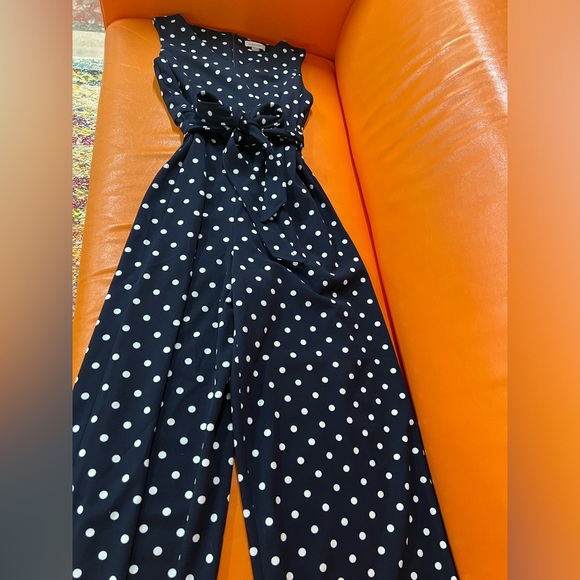 NWT Calvin Klein dark navy polka dot belted wide leg jumpsuit. - Picture 4 of 10